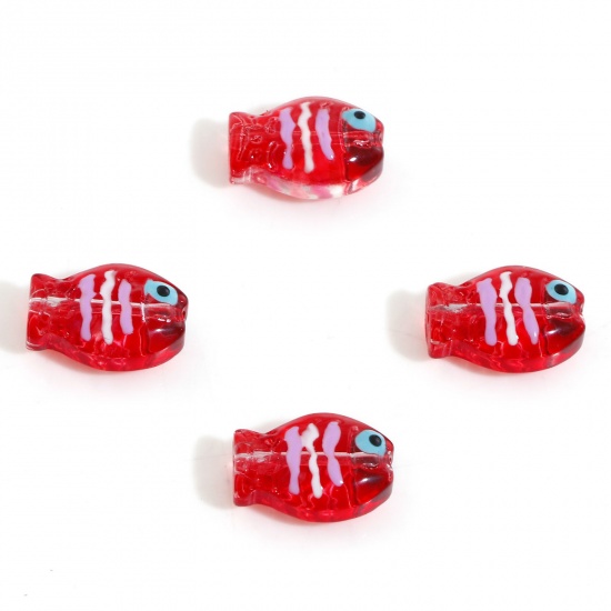 Picture of Lampwork Glass Ocean Jewelry Beads For DIY Charm Jewelry Making Fish Animal Red Enamel About 14mm x 10mm, Hole: Approx 0.8mm, 5 PCs