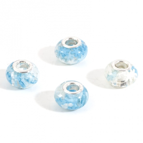 Picture of 10 PCs Resin European Style Large Hole Charm Beads Blue Round Snowflake 14mm Dia., Hole: Approx 4.6mm