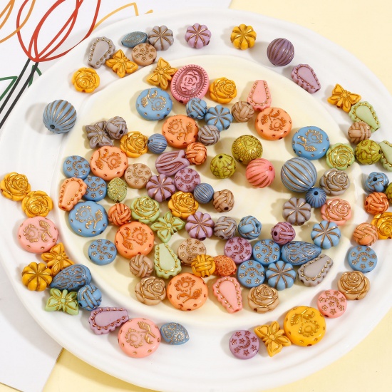 Picture of Acrylic Retro Beads For DIY Charm Jewelry Making At Random Mixed Color Mixed Carved Pattern About 22x19mm - 10mm Dia., Hole: Approx 2.6mm-1.2mm, 100 PCs
