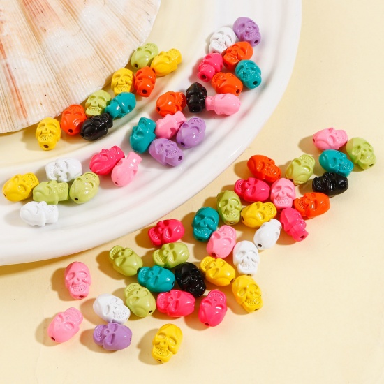 Immagine di Lega di Zinco Halloween Perline per la Creazione di Gioielli con Ciondoli Fai-da-te A Colori Misti Casuali Scheletro Smalto Circa 11mm x 8mm, Foro:Circa 1.2mm, 10 Pz