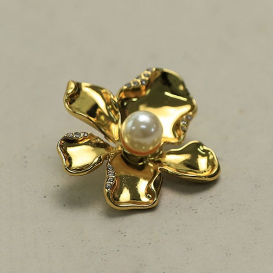 Picture of Alloy Metal Sewing Shank Buttons Golden Flower Acrylic Imitation Pearl 24mm Dia., 2 PCs