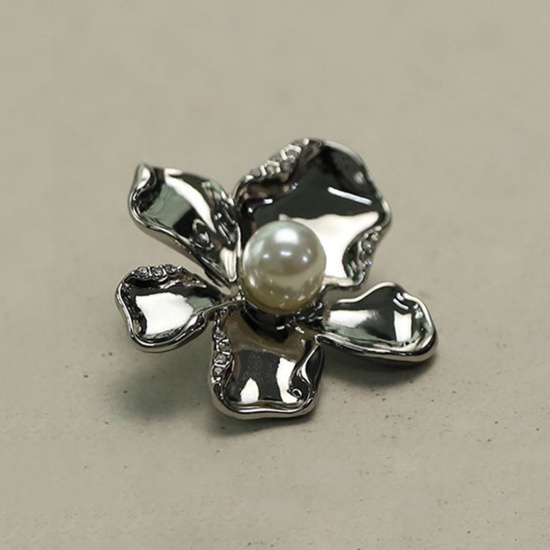 Picture of Alloy Metal Sewing Shank Buttons Silver Color Flower Acrylic Imitation Pearl 3.4cm Dia., 2 PCs