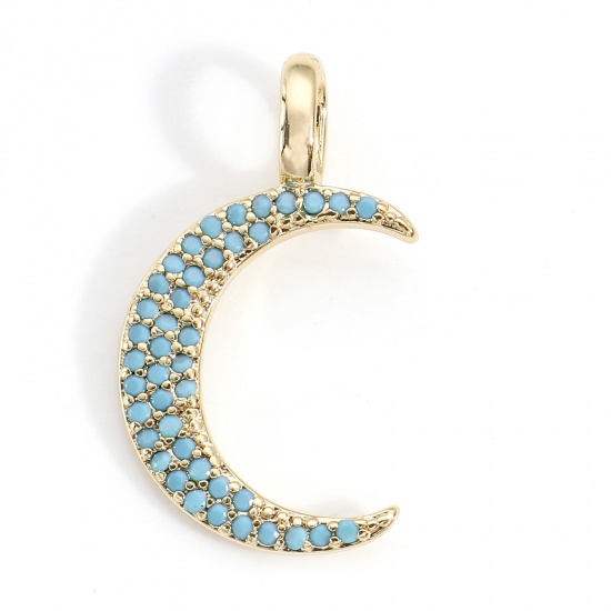 Picture of Brass Galaxy Charms 18K Real Gold Plated Half Moon Micro Pave Blue Cubic Zirconia 22mm x 12.5mm, 2 PCs
