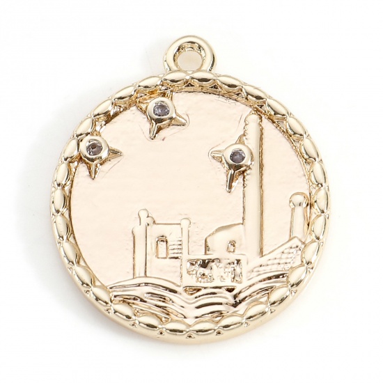 Picture of Brass Micro Pave Charms 18K Real Gold Plated Round Castle Clear Cubic Zirconia 17.5mm x 15mm, 2 PCs