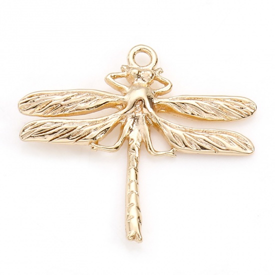 Picture of Brass Insect Charms 18K Real Gold Plated Dragonfly Animal 25mm x 22mm, 2 PCs
