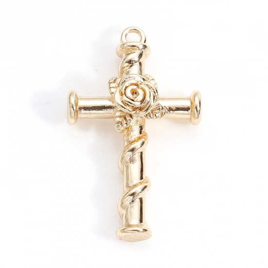 Picture of Brass Religious Charms 18K Real Gold Plated Cross Rose Flower 24.5mm x 15mm, 2 PCs