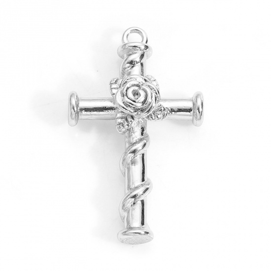 Picture of Brass Religious Charms Real Platinum Plated Cross Rose Flower 24.5mm x 15mm, 2 PCs