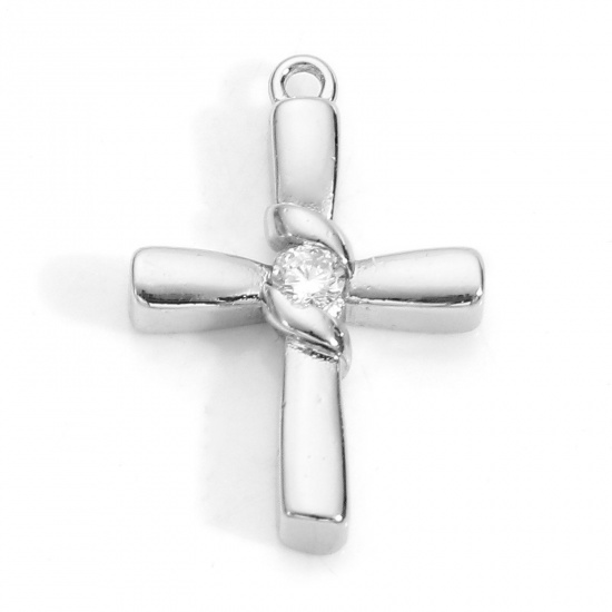 Picture of Brass Religious Charms Real Platinum Plated Cross Clear Cubic Zirconia 21mm x 14mm, 2 PCs