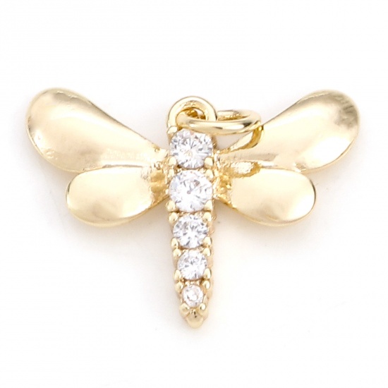 Imagen de Latón Insecto Colgantes Charms Libélula 18K Oro Real Chapado Claro Circón Artificial 20mm x 18mm, 2 Unidades