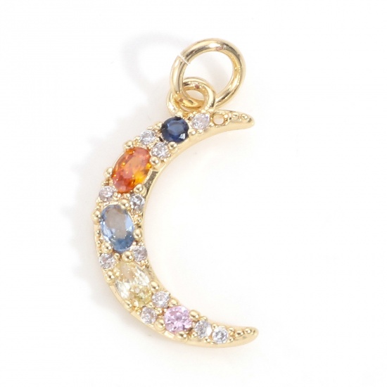 Picture of Brass Galaxy Charms 18K Real Gold Plated Half Moon Micro Pave Multicolour Cubic Zirconia 21mm x 10mm, 2 PCs