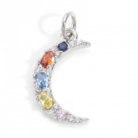Picture of Brass Galaxy Charms Real Platinum Plated Half Moon Micro Pave Multicolour Cubic Zirconia 21mm x 10mm, 2 PCs