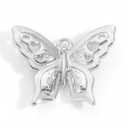 Bild von Messing Insekt Charms Platin plattiert Schmetterling Herz 3D 19mm x 15mm, 2 Stück