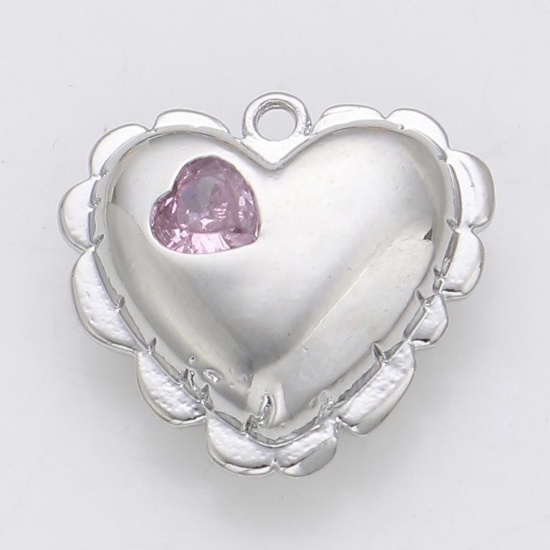 Immagine di Ottone San Valentino Charms Cuore Vero Platino Placcato Filigrana Rosa Pallido Cubic Zirconiae 16mm x 15mm, 2 Pz