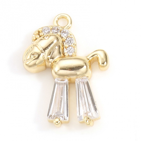 Picture of Brass Charms 18K Real Gold Plated Rocking Horse Micro Pave Clear Cubic Zirconia 14mm x 10mm, 1 Piece                                                                                                                                                          