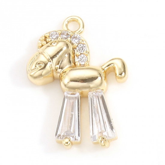 Picture of Brass Charms 18K Real Gold Plated Rocking Horse Micro Pave Clear Cubic Zirconia 14mm x 10mm, 1 Piece