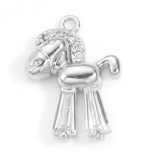 Picture of Brass Charms Real Platinum Plated Rocking Horse Micro Pave Clear Cubic Zirconia 14mm x 10mm, 1 Piece                                                                                                                                                          