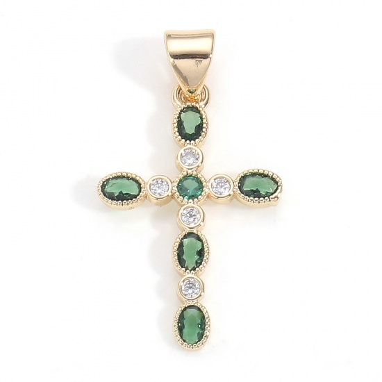 Image de 1 Pièce Pendentif Breloque Religieux en Laiton Croix Plaqué Or Véritable 18K à Zircone Cubique Vert 27mm x 14mm