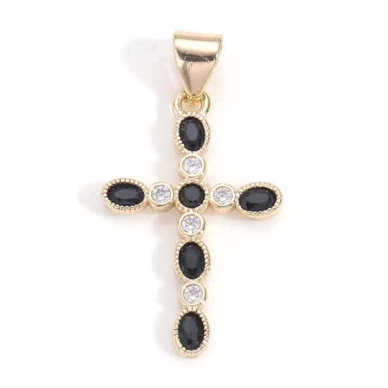 Image de 1 Pièce Pendentif Breloque Religieux en Laiton Croix Plaqué Or Véritable 18K à Zircone Cubique Noir 27mm x 14mm