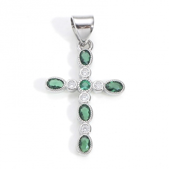 Image de 1 Pièce Pendentif Breloque Religieux en Laiton Croix Plaqué Platine Véritable à Zircone Cubique Vert 27mm x 14mm