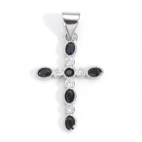 Image de 1 Pièce Pendentif Breloque Religieux en Laiton Croix Plaqué Platine Véritable à Zircone Cubique Noir 27mm x 14mm