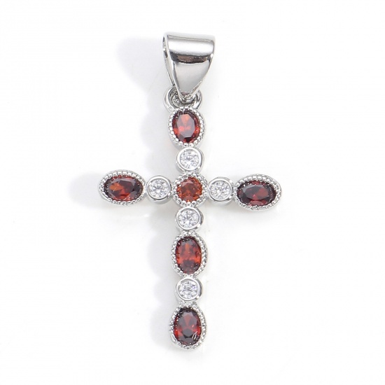 Image de 1 Pièce Pendentif Breloque Religieux en Laiton Croix Plaqué Platine Véritable à Zircone Cubique Vin Rouge 27mm x 14mm