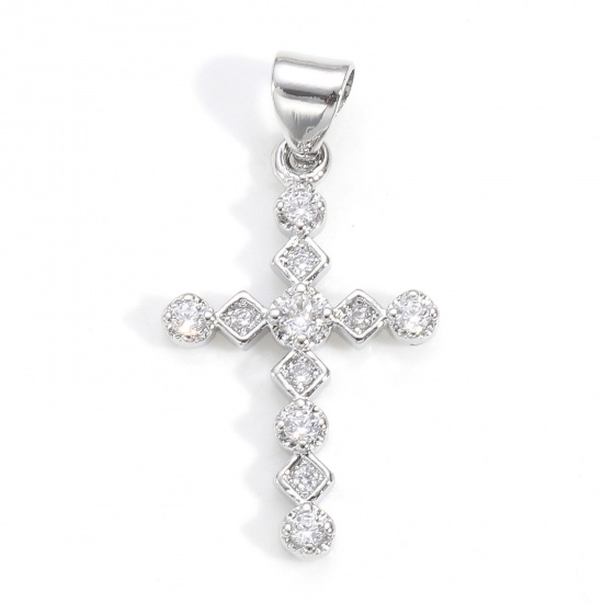 Image de 1 Pièce Pendentif Breloque Religieux en Laiton Croix Plaqué Platine Véritable à Zircone Cubique Clair 27mm x 14mm