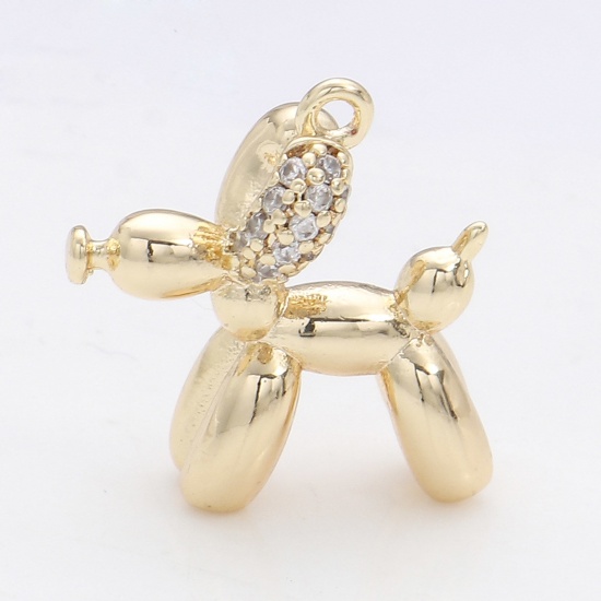 Image de Breloques en Laiton Ballon Plaqué Or Véritable 18K Chien 3D à Zircone Cubique Clair 17mm x 16mm, 2 Pcs