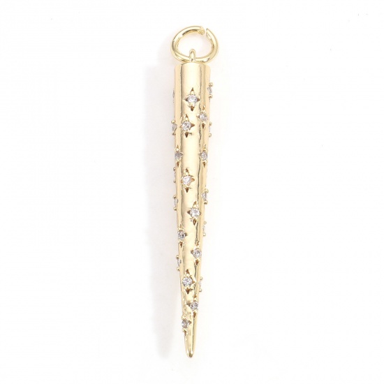 Immagine di Ottone Micro Intarsio Ciondoli Cono 18K Vero Oro Placcato Trasparente Cubic Zirconiae 3.7cm x 0.4cm, 2 Pz