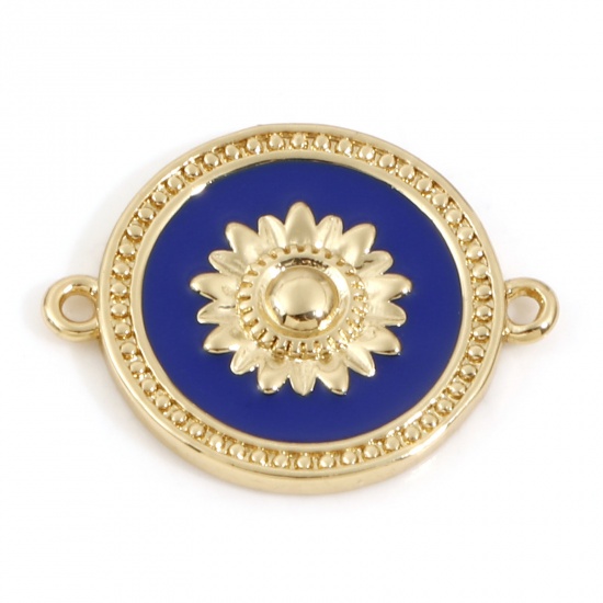 Picture of Brass Connectors Charms Pendants Round Sunflower 18K Real Gold Plated Dark Blue Enamel 19.5mm x 15mm, 1 Piece                                                                                                                                                 
