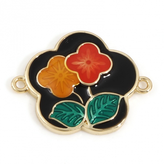 Picture of Brass Connectors Charms Pendants Flower Leaves 18K Real Gold Plated Multicolor Enamel 21mm x 16.5mm, 1 Piece                                                                                                                                                  
