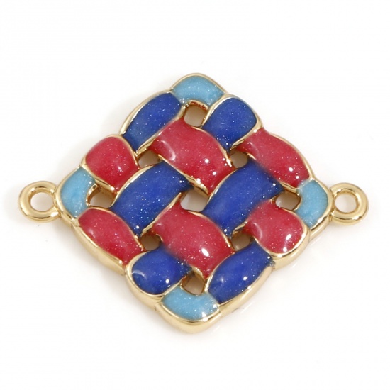 Picture of Brass Connectors Charms Pendants Weave Textured 18K Real Gold Plated Red & Blue Enamel 20mm x 16mm, 1 Piece                                                                                                                                                   