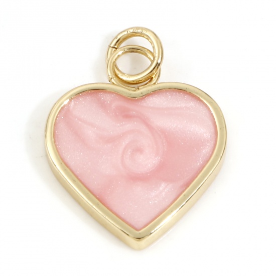 Imagen de Latón día de San Valentín Colgantes Charms Corazón 18K Oro Real Chapado Color rosa Perlado Esmalte 22mm x 5mm, 2 Unidades