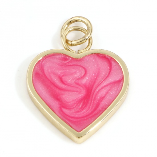 Imagen de Latón día de San Valentín Colgantes Charms Corazón 18K Oro Real Chapado Rosa Intenso Perlado Esmalte 22mm x 5mm, 2 Unidades