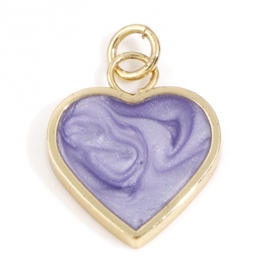 Imagen de Latón día de San Valentín Colgantes Charms Corazón 18K Oro Real Chapado Púrpura Perlado Esmalte 22mm x 5mm, 2 Unidades