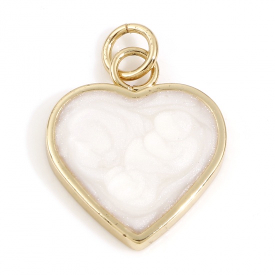 Imagen de Latón día de San Valentín Colgantes Charms Corazón 18K Oro Real Chapado Blanco Perlado Esmalte 22mm x 5mm, 2 Unidades