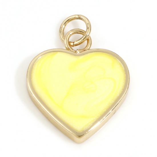 Imagen de Latón día de San Valentín Colgantes Charms Corazón 18K Oro Real Chapado Amarillo Perlado Esmalte 22mm x 5mm, 2 Unidades