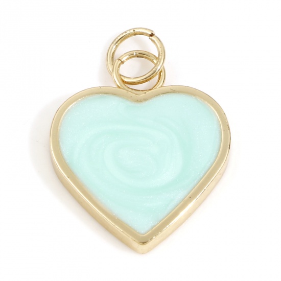 Imagen de Latón día de San Valentín Colgantes Charms Corazón 18K Oro Real Chapado Verde Menta Perlado Esmalte 22mm x 5mm, 2 Unidades