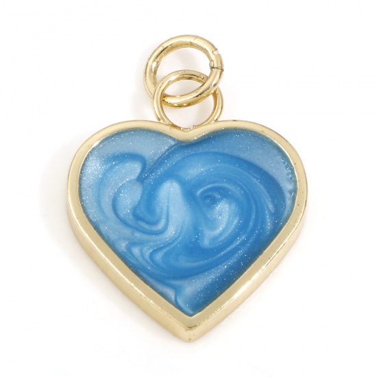 Imagen de Latón día de San Valentín Colgantes Charms Corazón 18K Oro Real Chapado Azul Perlado Esmalte 22mm x 5mm, 2 Unidades