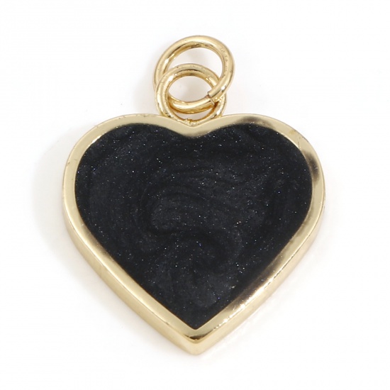 Imagen de Latón día de San Valentín Colgantes Charms Corazón 18K Oro Real Chapado Negro Perlado Esmalte 22mm x 5mm, 2 Unidades