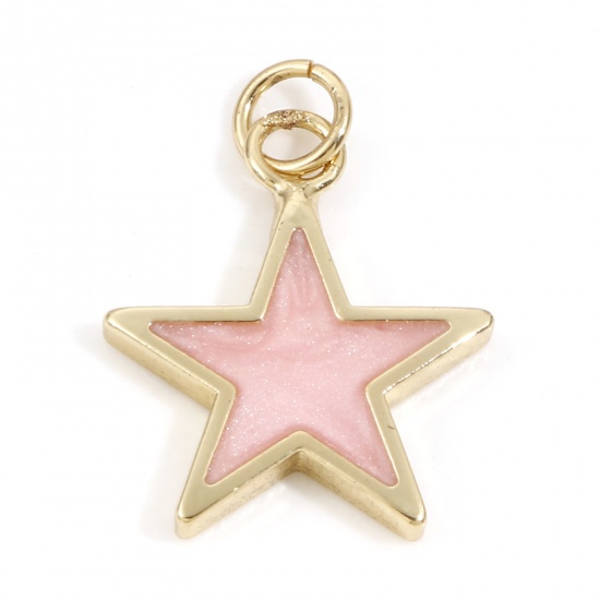 Picture of Brass Galaxy Charms 18K Real Gold Plated Light Pink Pearlized Pentagram Star Enamel 22mm x 16mm, 2 PCs