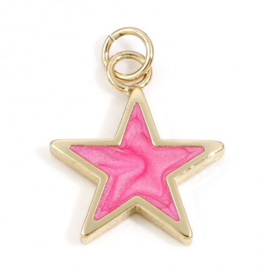 Picture of Brass Galaxy Charms 18K Real Gold Plated Hot Pink Pearlized Pentagram Star Enamel 22mm x 16mm, 2 PCs