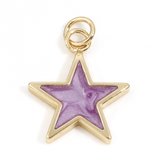 Picture of Brass Galaxy Charms 18K Real Gold Plated Purple Pearlized Pentagram Star Enamel 22mm x 16mm, 2 PCs