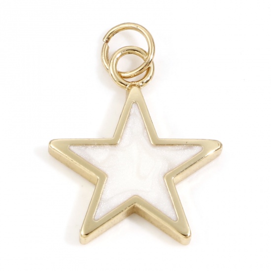 Picture of Brass Galaxy Charms 18K Real Gold Plated White Pearlized Pentagram Star Enamel 22mm x 16mm, 2 PCs
