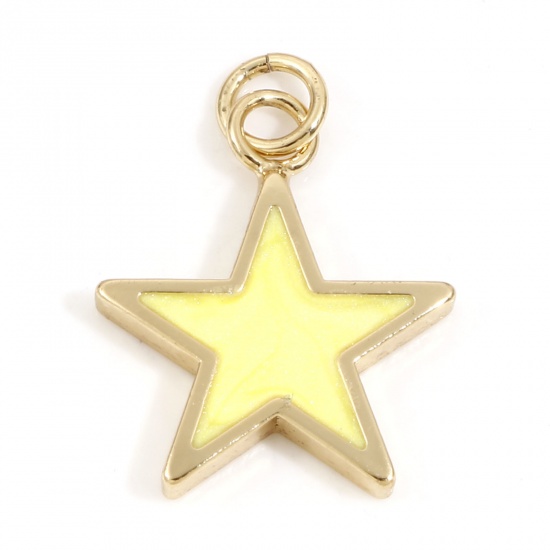 Picture of Brass Galaxy Charms 18K Real Gold Plated Yellow Pearlized Pentagram Star Enamel 22mm x 16mm, 2 PCs
