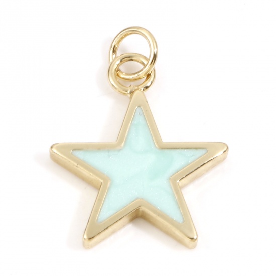 Picture of Brass Galaxy Charms 18K Real Gold Plated Mint Green Pearlized Pentagram Star Enamel 22mm x 16mm, 2 PCs