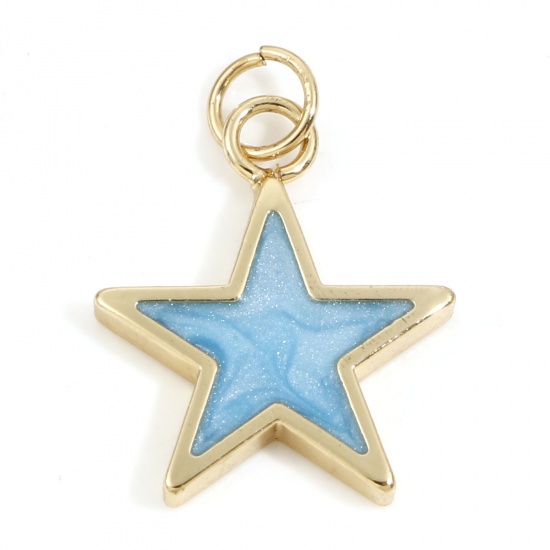 Picture of Brass Galaxy Charms 18K Real Gold Plated Blue Pearlized Pentagram Star Enamel 22mm x 16mm, 2 PCs