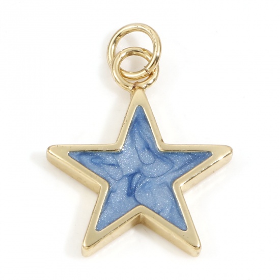 Picture of Brass Galaxy Charms 18K Real Gold Plated Dark Blue Pearlized Pentagram Star Enamel 22mm x 16mm, 2 PCs