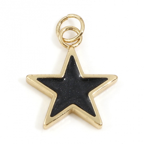 Picture of Brass Galaxy Charms 18K Real Gold Plated Black Pearlized Pentagram Star Enamel 22mm x 16mm, 2 PCs