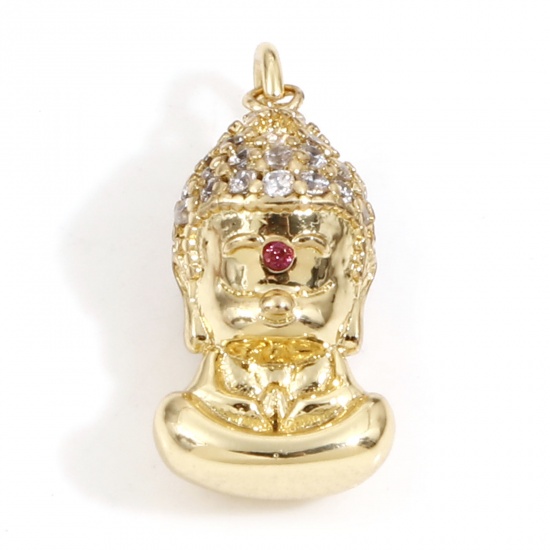 Immagine di Ottone Religione Charms Budda 18K Oro riempito Micro Spianare Trasparente & Rosso Cubic Zirconiae 18mm x 8mm, 1 Pz                                                                                                                                            