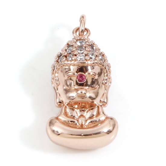 Immagine di Ottone Religione Charms Budda Placcato oro rosa reale Rose Micro Spianare Trasparente & Rosso Cubic Zirconiae 18mm x 8mm, 1 Pz                                                                                                                                